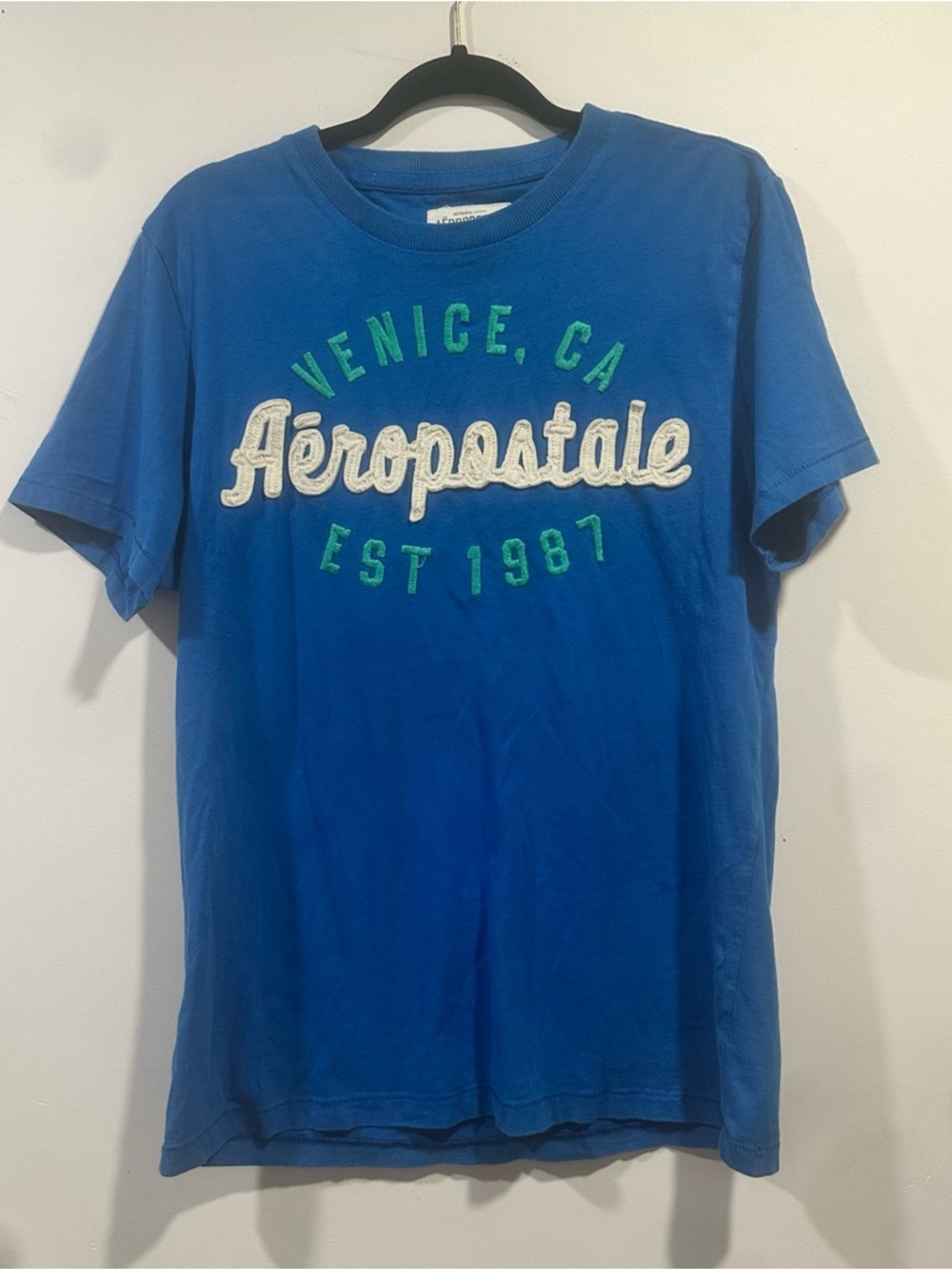 Y2K vintage Aeropostale Blue Graphic Tee with Green & White 100% cotton large